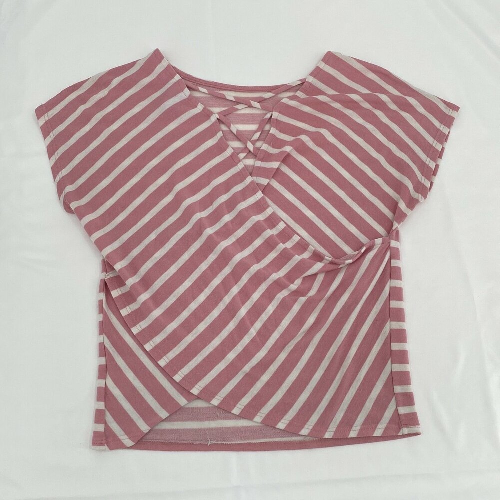 Alya Womens Pink White Short Sleeve Surplice Neck Casual Blouse Top Size XS